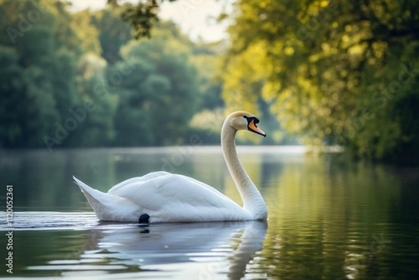 Fototapeta Majestic white swan swimming on a calm lake surrounded by lush greenery, showcasing elegance and tranquility in nature