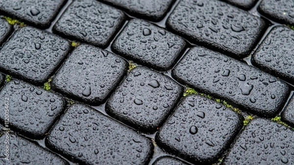 Fototapeta A Detailed View of Water Droplets on a Dark Stone Abstract Background.