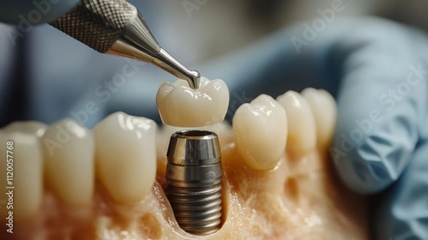 Obraz A dental professional is placing a crown on an implant in a model of teeth, showcasing dental restoration techniques.