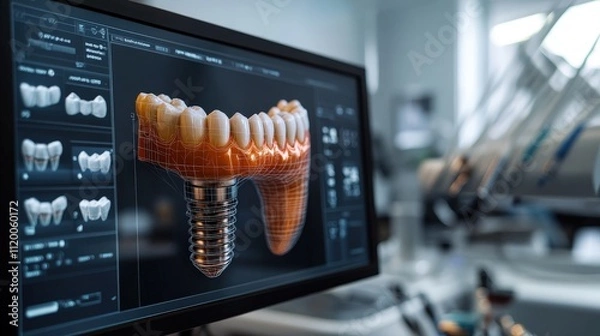 Obraz A digital rendering of dental implants displayed on a computer screen in a modern dental clinic environment.