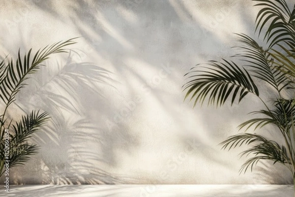Obraz Pixel Perfect Picture of Shadow of Palm Leaves on White Concrete Light Beige Wall