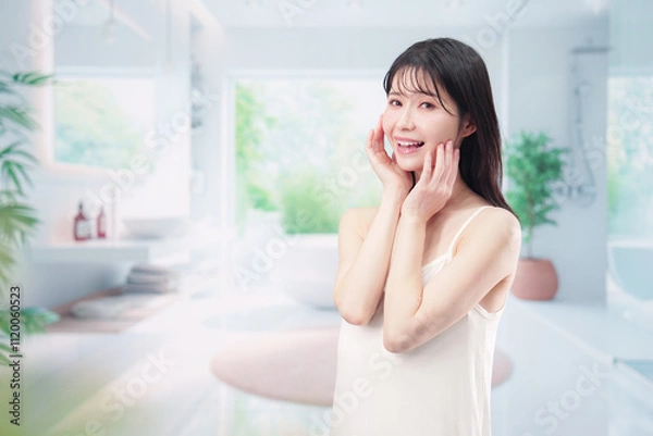 Fototapeta 家でスキンケアをする若い女性