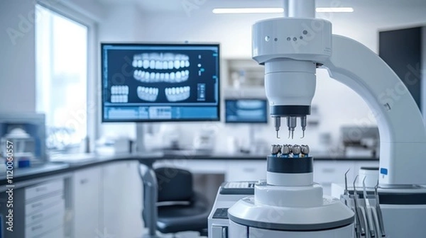 Obraz A modern dental lab featuring advanced machinery and a digital display showcasing dental images for precise treatment planning.