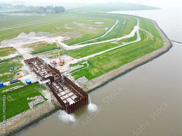 Fototapeta Aerial view of the construction of a tidal inlet. When finished this inlet will replace the current agricultural conditions to a saline aquaculture environment. Bierum, Eemsdelta, The Netherlands