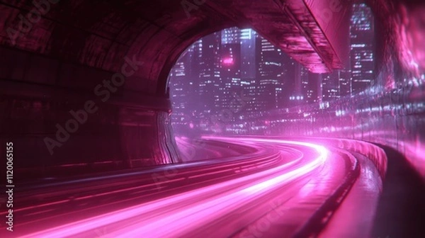 Fototapeta Pink neon lights illuminate a futuristic city seen from a curving tunnel.