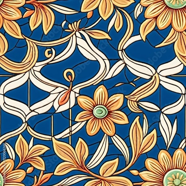 Fototapeta Golden Floral Rhapsody:  A vibrant Art Nouveau-inspired seamless pattern, rich with golden flowers and intricate swirling lines against a deep blue background. Perfect for textile design, wallpaper.