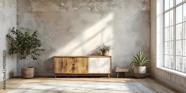 Fototapeta  Wooden cabinet against of concrete wall 3d render Navy and White Deep navy white silver soft gray Kawaii Style