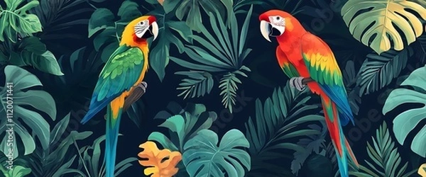 Fototapeta Two colorful parrots perched on branches in a lush tropical forest with vibrant foliage.