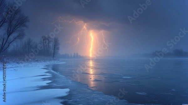 Obraz Lightning illuminates a frozen lake during a dramatic winter storm at twilight