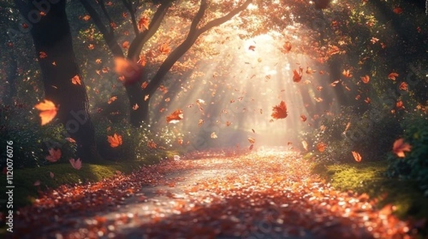 Fototapeta A pathway through a forest with fallen leaves on the ground and sunlight streaming through the trees.