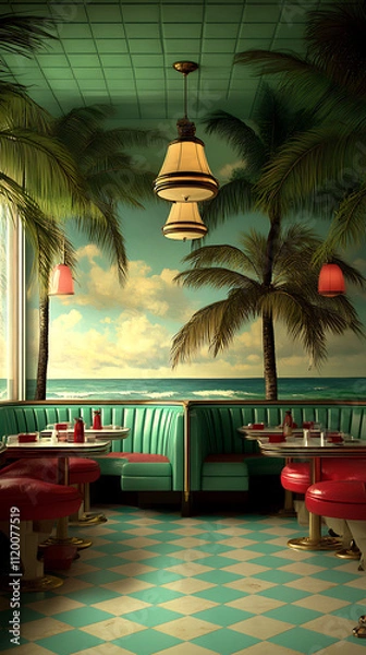 Fototapeta  Retro Diner with a Twist Jewel tones vintage diner furniture abstract art a unique and fun space Emerald and White Emerald green white gold dark gray Impressionism