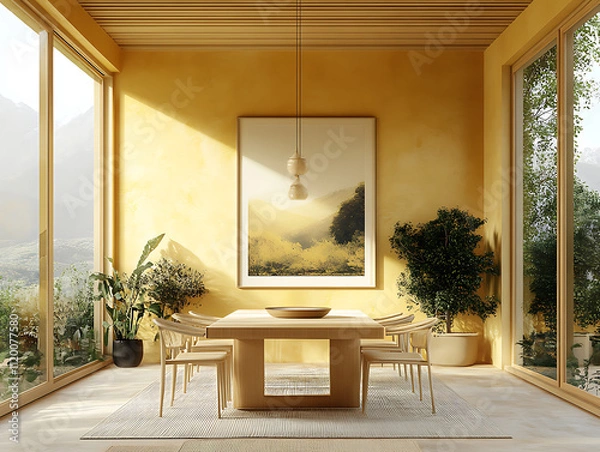 Fototapeta  Interior design of modern dining room dining table and wooden chairs 3d rendering Safari Adventure Olive khaki deep brown soft yellow Geometric Art