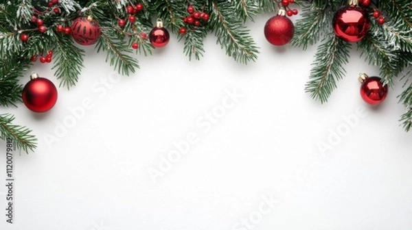 Obraz The image showcases a vibrant display of red Christmas ornaments and berries arranged on snow-dusted evergreen branches, creating a festive and cheerful holiday atmosphere.