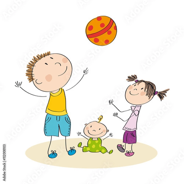 Obraz Father and his children playing with ball - original illustration