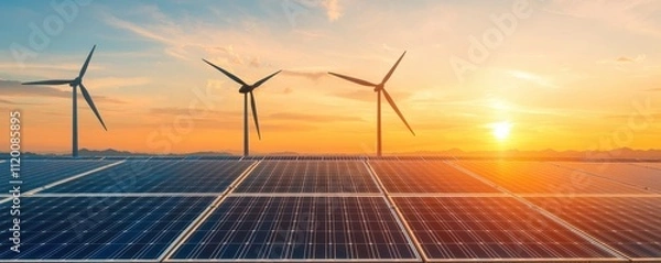 Fototapeta A serene landscape featuring wind turbines and solar panels under a vibrant sunset, symbolizing renewable energy and sustainable living.