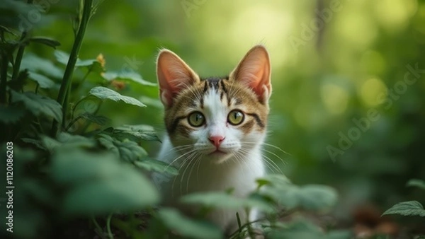 Obraz A small cat sitting in the middle of some green plants