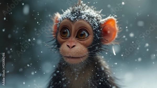 Fototapeta A monkey with snow on its head in the snow