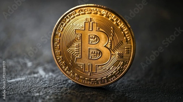 Fototapeta Close-up of a gold Bitcoin cryptocurrency coin on a dark background.