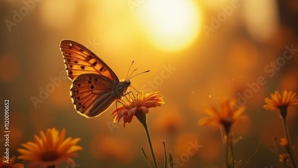 Fototapeta A butterfly sitting on top of a flower in a field