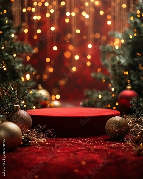Fototapeta Podium on red Christmas background with lights