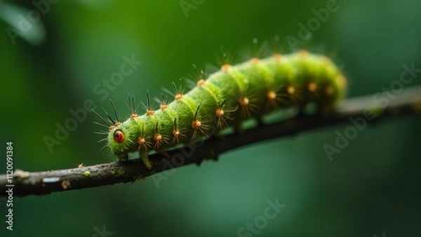Fototapeta A green caterpillar on a branch with a green background