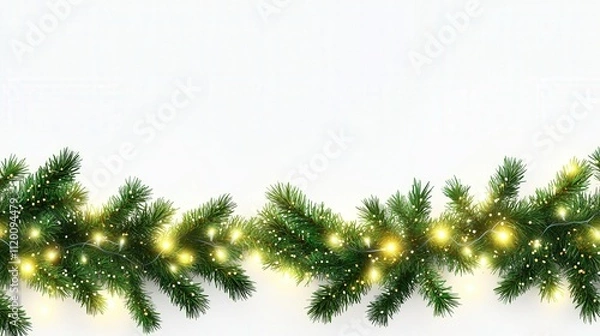 Fototapeta A seamless decorative border design with green coniferous branches and twinkling garlands of Christmas lights