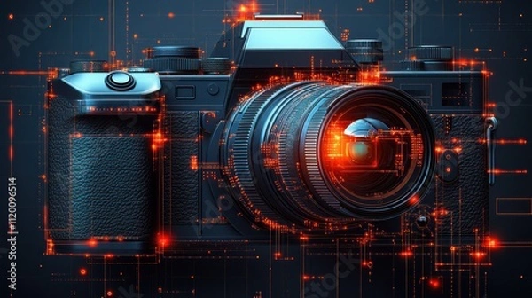 Fototapeta A digital camera with a glowing lens and data stream, representing digital photography and technology.