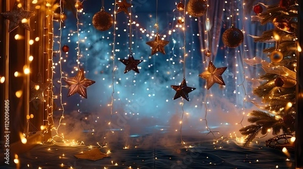 Fototapeta Whimsical starry celebration decor with twinkling lights and celestial-themed ornaments, transforming the space into a dreamy setting