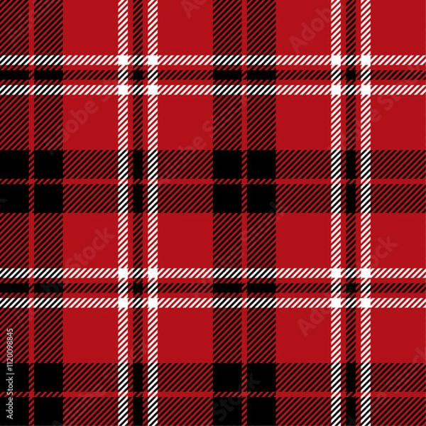 Fototapeta Red, black and white color striped lines seamless plaid pattern background for textile design, napkin, handkerchief, blanket, cover, tablecloth. Vector illustration.