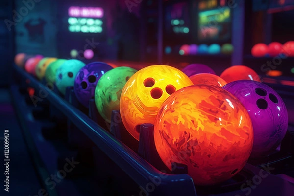 Fototapeta A colorful rack of bowling balls lined up, glowing with ambient light.