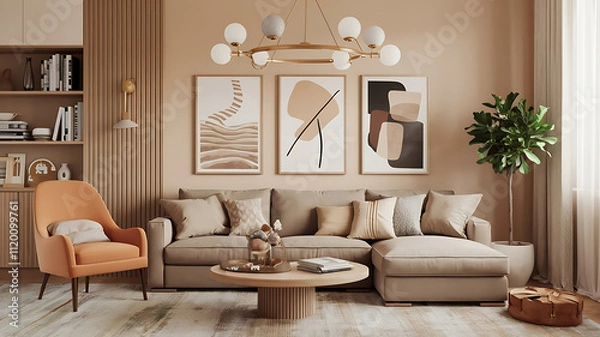 Fototapeta interior design mockup Shabby chic country interior design of modern living room Warm Beige Caramel mocha cream taupe Charcoal Drawing