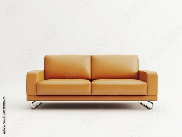 Fototapeta Vibrant caramel leather sofa with chrome legs, offering a bold statement for any space  