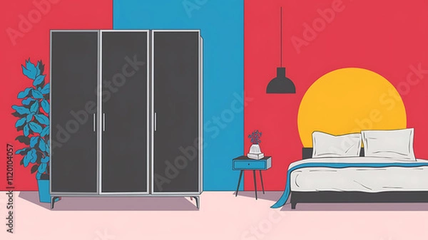 Fototapeta interior design mockup Grey wardrobe in minimalist style interior design of modern bedroom Pop Art Palette Primary red yellow blue white PinUp Art