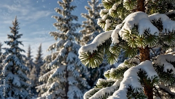 Obraz Snow-covered pine branches glisten under a blue sky, surrounded by a forest of frosted evergreens in winter sunlight.