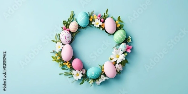 Fototapeta Decorative easter wreath with bright colored eggs and spring flowers isolated on blue background. Flat lay, top view with copy space.