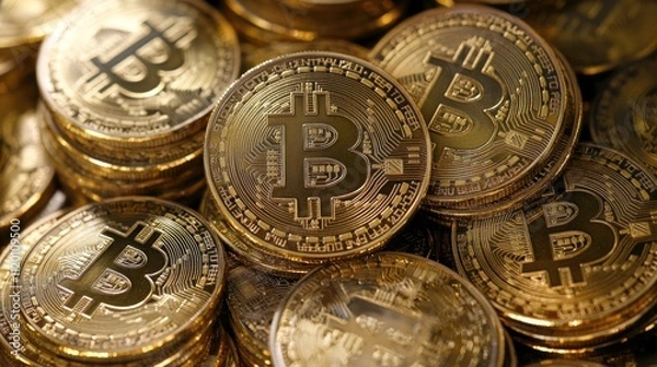Fototapeta Close-up of many golden bitcoin cryptocurrency coins stacked.