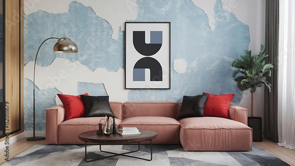 Fototapeta interior design mockup Minimalist japandi style interior design of modern living room Sectional sofa with black and red pillow near stucco wall with abstract art frame Winter Frost Ice blue silver co