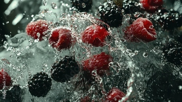 Fototapeta Massive splash of water with raspberries and blackberries in zero gravity.