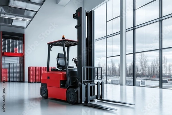 Fototapeta A red forklift positioned in a spacious industrial warehouse with large windows.