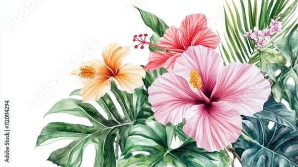 Fototapeta Stunning Watercolor Tropical Flowers and Lush Leaves
