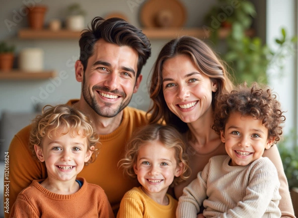Fototapeta Familia multicultural con tres hijos sonriendo en casa luminosa