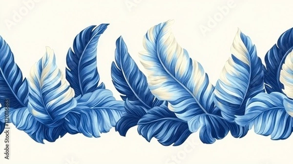 Fototapeta A vibrant illustration of blue and white tropical leaves against a subtle background, Ideal for nature-related projects, wallpaper designs, or branding materials seeking a fresh and modern aesthetic,