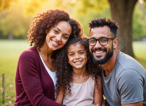 Fototapeta Familia unida disfrutando en un parque al atardecer con sonrisas