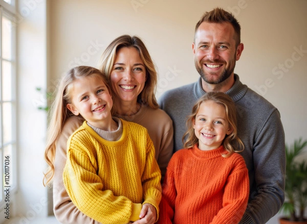 Obraz Familia sonriente con dos niñas en casa iluminada por luz natural