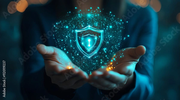 Obraz Hands Holding Digital Shield – Concept of Cybersecurity, Data Protection, and Online Safety, Perfect for Stock Photos on Technology, Internet Security, and Digital Privacy