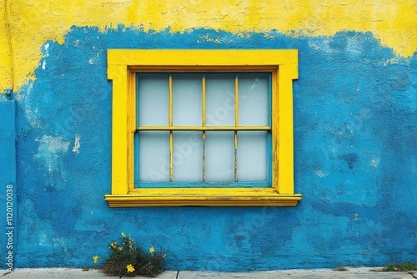 Obraz A vibrant blue and yellow wall featuring a window and small flowers below.