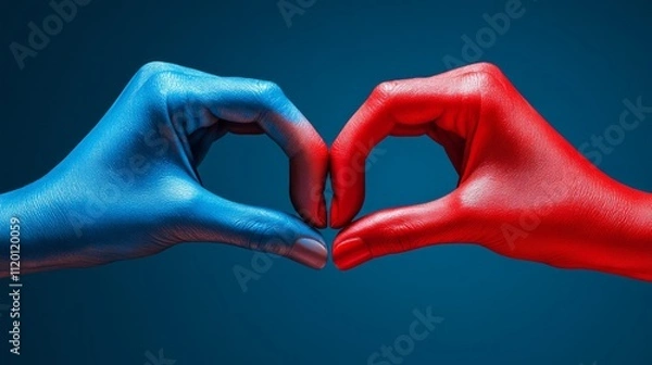 Fototapeta red and blue two hands making a heart with the fingers red and blue image