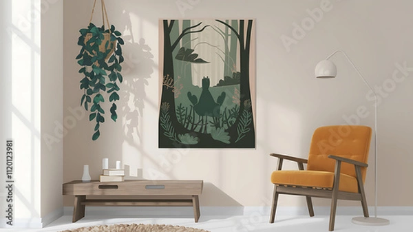 Fototapeta interior design mockup Mystical Forest Meditation Muted greens and browns hanging plants natural lighting a calming and serene space Vintage Poster Mustard teal coral cream Fantasy Art