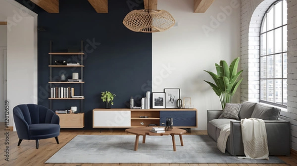 Fototapeta interior design mockup Gray sofa and tv unit in loft interior design of modern living room Created with generative AI Navy and White Deep navy white silver soft gray Retro Pixelated