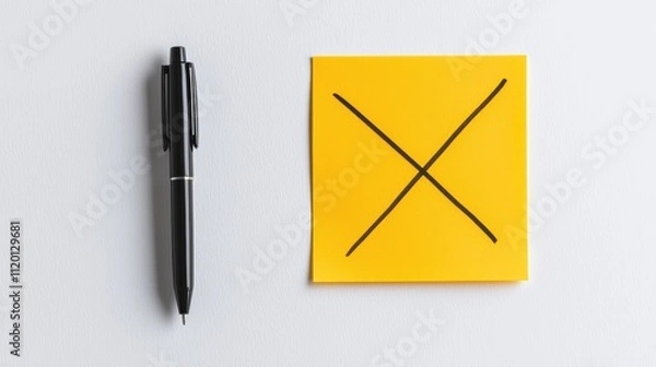 Fototapeta Exploring minimalist workspace yellow notes and black pen inspiration